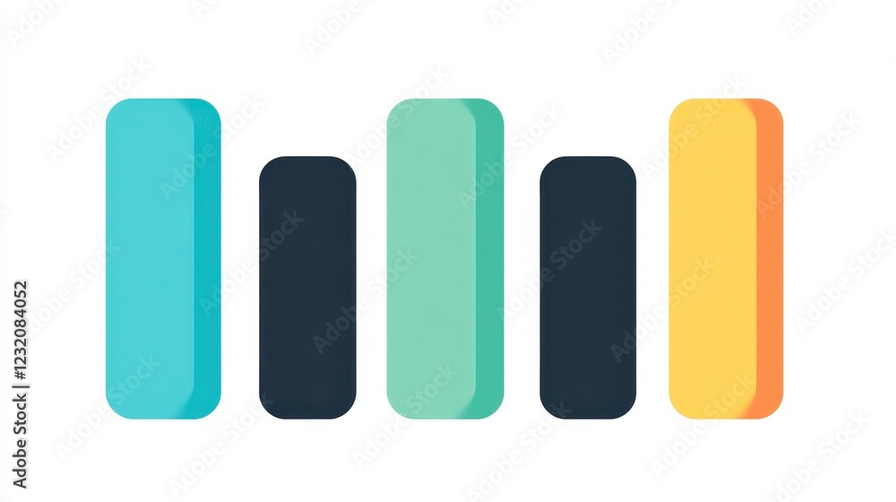 Abstract illustration of five vertical rectangles in teal, dark gray, mint green, dark gray, and gold, arranged in a row. The rectangles have a