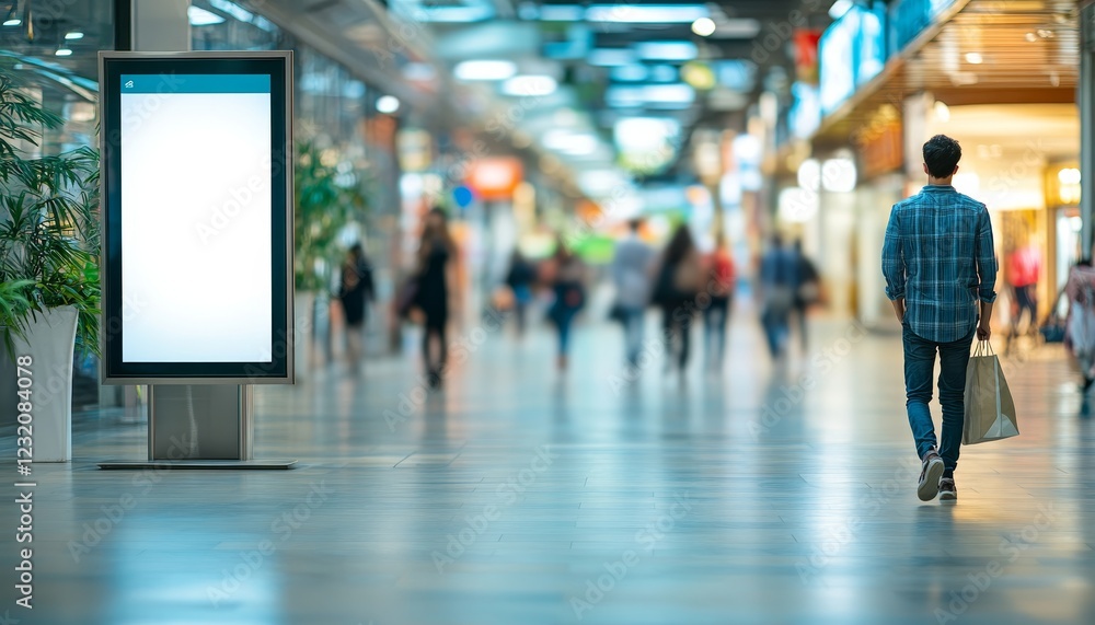Man walking through shopping mall with blank digital signage, copy space for advertising. Man walking through shopping mall with blank digital signage, copy space for advertising.