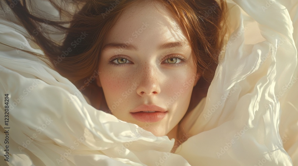 Soft Portrait of a Young Woman with Flowing Fabric Around Her Face Soft Portrait of a Young Woman with Flowing Fabric Around Her Face