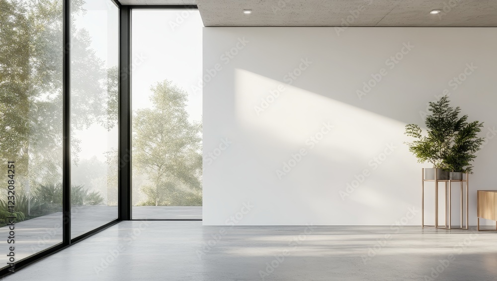 Obraz premium Minimalist modern room with large window, plant, and empty wall.