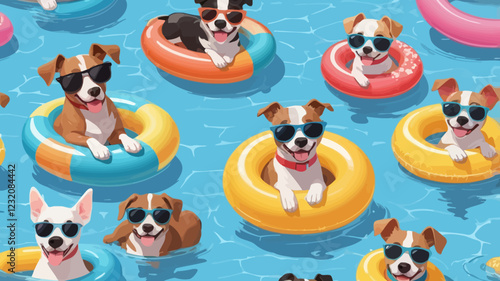 Funny dogs mascot wearing sunglasses swimming in inflatable rings enjoying hot summer vacation leisure set. Doodle pet cool characters with pleasure emotion floating in pool vector illustration