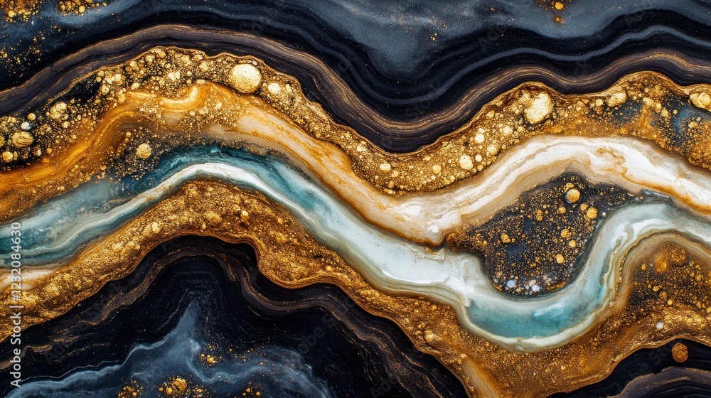 Abstract art featuring swirling black, gold, and white patterns. Gold glitter accents add texture and depth to the fluid design. The image evokes a Abstract art featuring swirling black, gold, and white patterns. Gold glitter accents add texture and depth to the fluid design. The image evokes a