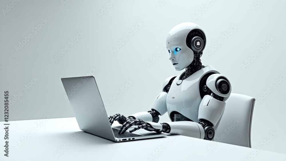 Naklejka premium Futuristic humanoid robot interacting with laptop
