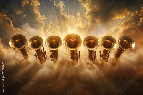 Seven trumpets descending from the sky, radiating divine light and power, symbolizing biblical prophecy and spiritual revelation.

