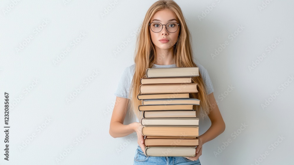 Young Woman Holding Stack of Books Against Plain Background Young Woman Holding Stack of Books Against Plain Background