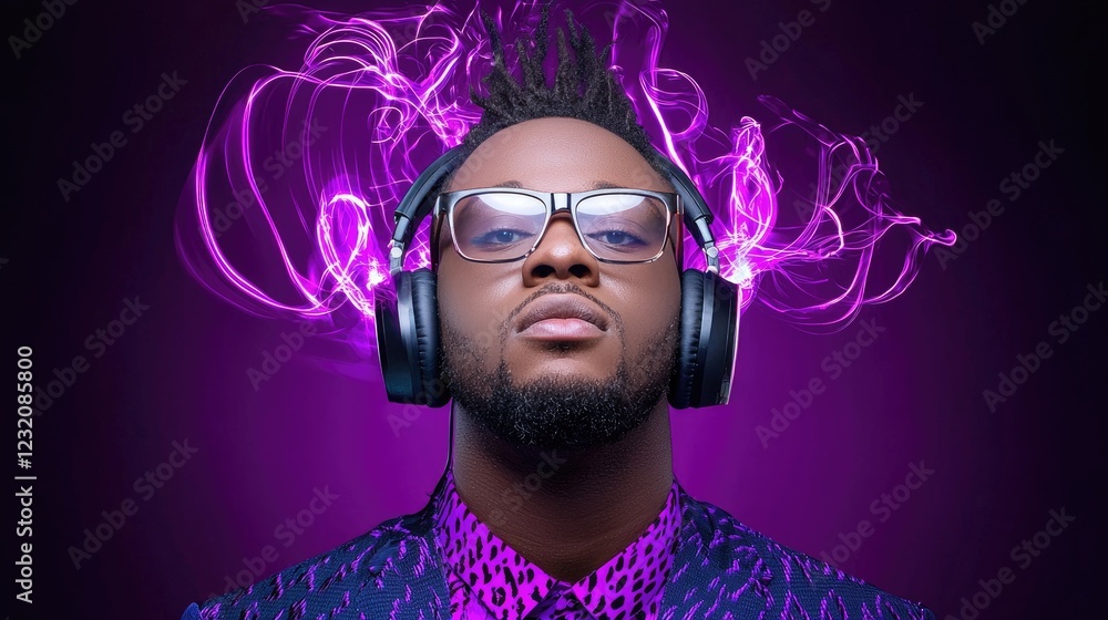 Confident Man with Headphones and Colorful Sound Waves Background Confident Man with Headphones and Colorful Sound Waves Background