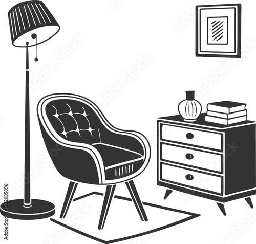 Retro Living Room Illustration with Mid-Century Modern Furniture in Black and White Sketch Style