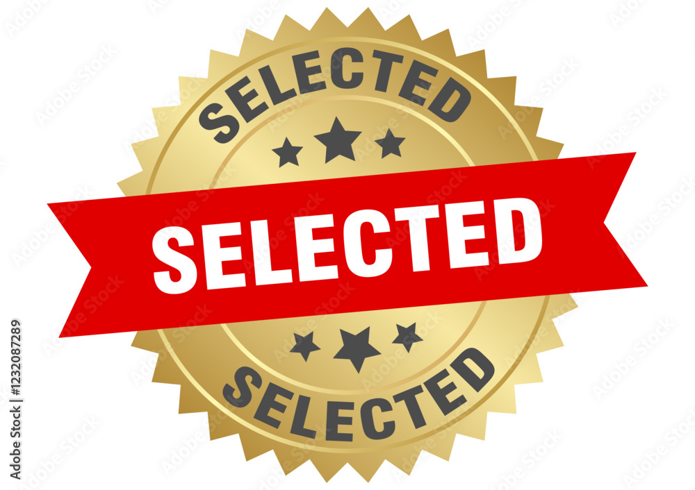 selected. selected round red and gold label isolated on transparent background selected. selected round red and gold label isolated on transparent background