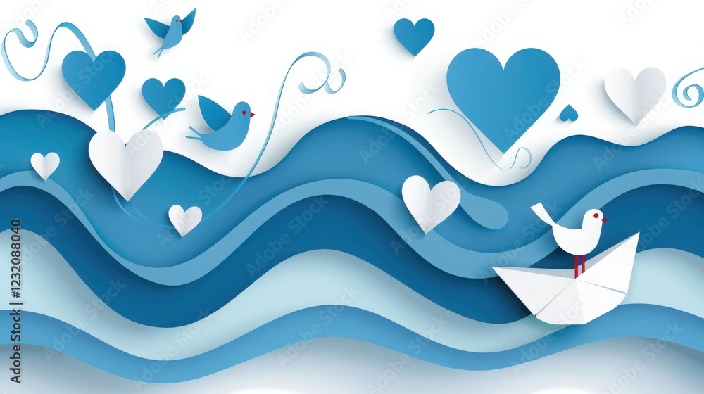 Crafted Paper Boat Sails Toward a Heart-Shaped Island With Lovebirds Perched on the Edge Crafted Paper Boat Sails Toward a Heart-Shaped Island With Lovebirds Perched on the Edge
