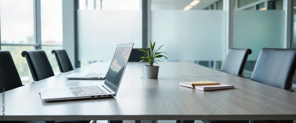 Modern conference table setup with laptops and notebooks in office, productivity Modern conference table setup with laptops and notebooks in office, productivity