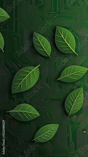 Green Leaves Overlay on Abstract Circuit Board Background Design