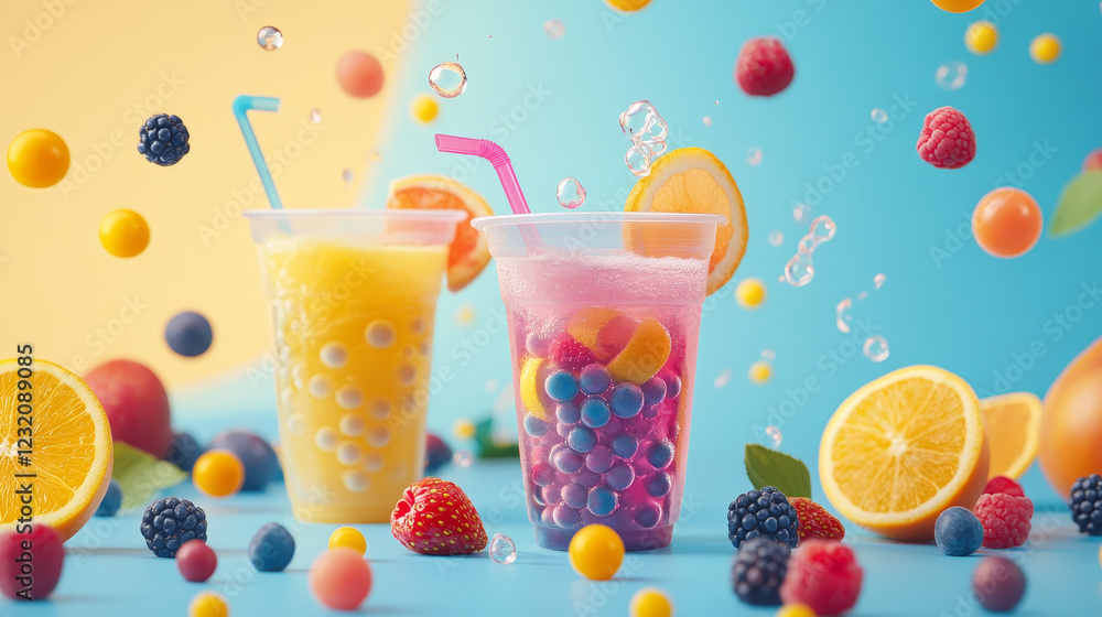 Bubble tea or juice cocktail with fruits and berries, in plastic cups with straw and splashes. Cartoon vector illustration set of cold drink with blueberry and cherry, orange and tapioca balls. Bubble tea or juice cocktail with fruits and berries, in plastic cups with straw and splashes. Cartoon vector illustration set of cold drink with blueberry and cherry, orange and tapioca balls.