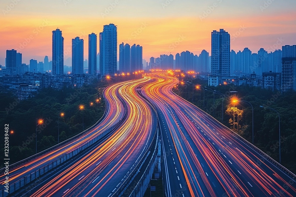 Obraz premium A high-speed highway scene at dusk, showcasing motion blur from fast-moving traffic under glowing streetlights. generative ai