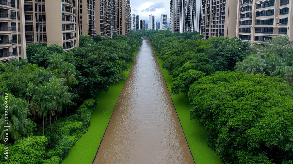 Urban Waterway Amidst Lush Greenery and High Rise Buildings Urban Waterway Amidst Lush Greenery and High Rise Buildings