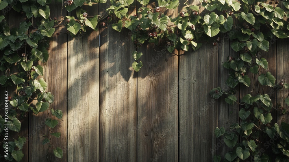 Fototapeta premium Sunlit wooden fence, ivy vines, garden background