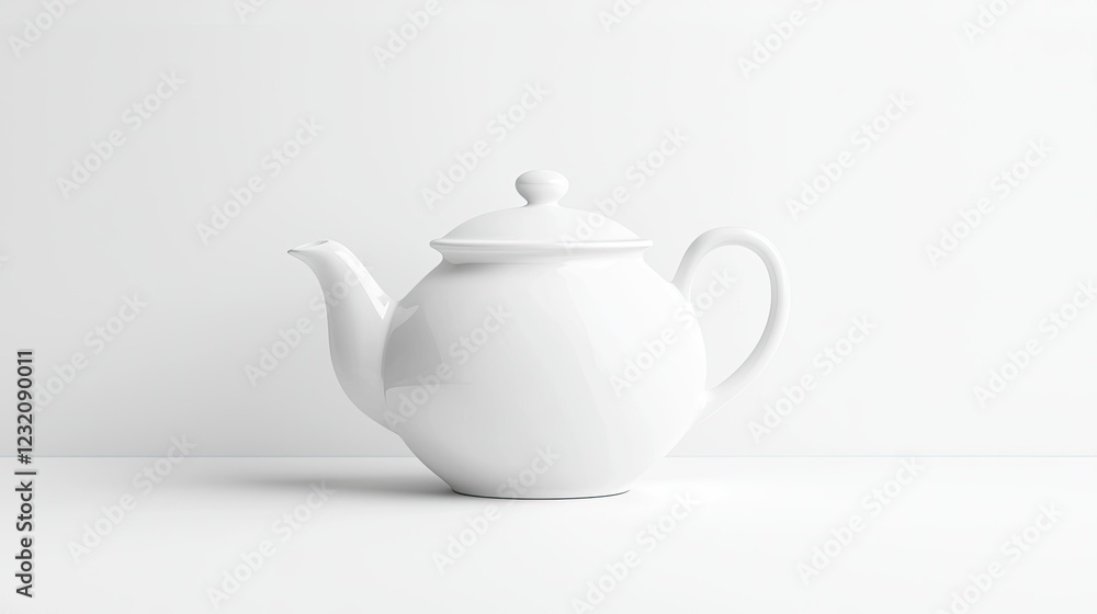 White Ceramic Teapot on Minimalist Background with Soft Shadows White Ceramic Teapot on Minimalist Background with Soft Shadows