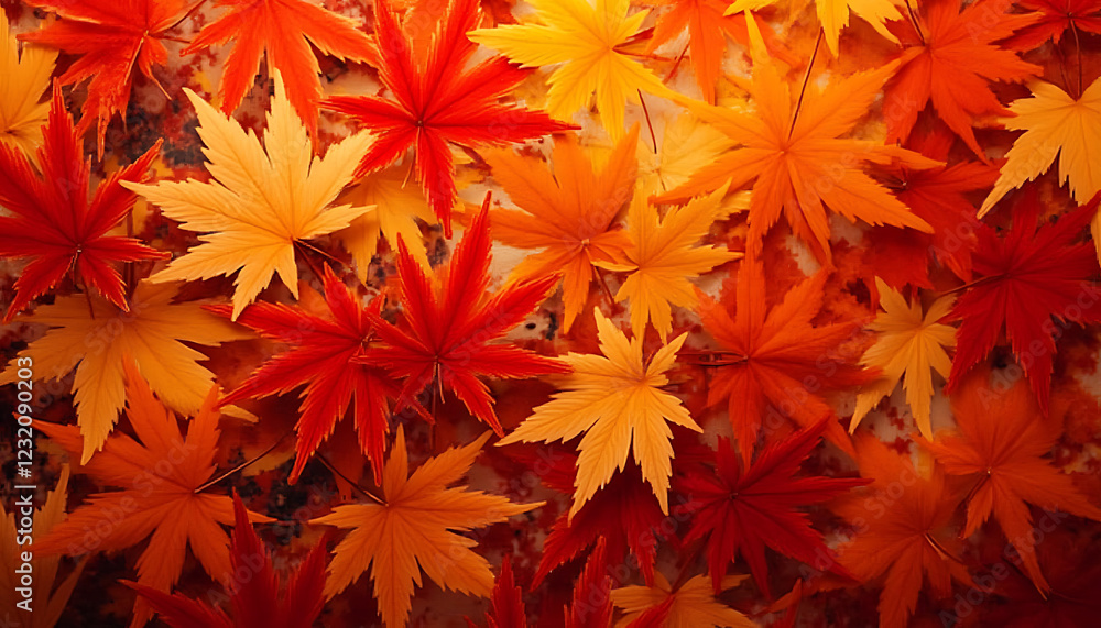 Vibrant red and orange autumn leaves arranged artistically on a warm background Vibrant red and orange autumn leaves arranged artistically on a warm background