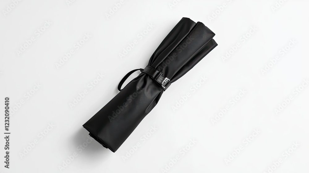 Elegant Black Umbrella Rolled and Secured with a Strap for Rainy Days Elegant Black Umbrella Rolled and Secured with a Strap for Rainy Days