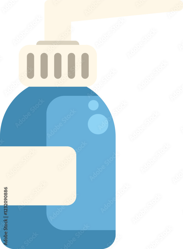 Obraz premium Blue plastic bottle dispenser with long nozzle containing liquid soap, for hand washing or body care, flat vector illustration isolated on white background