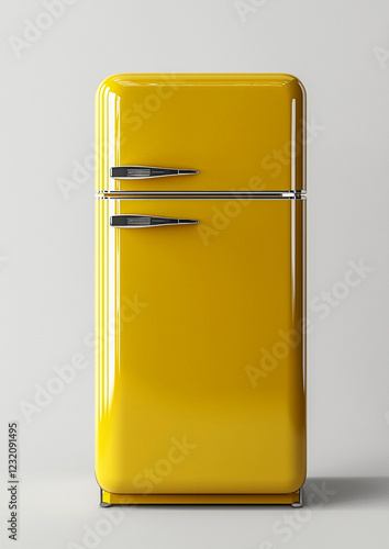 Vintage yellow refrigerator with a modern finish. Fridge isolated on neutral background. Smooth, curved edges and polished chrome handles, retro aesthetic. Interior design concept