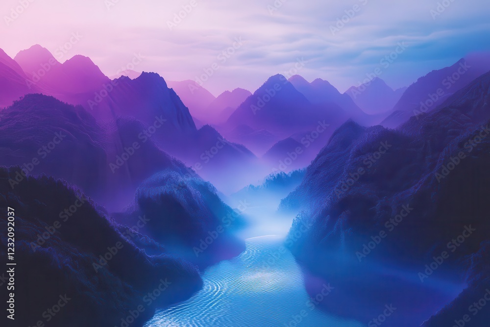 ethereal soundscape visualization vibrant audio waves morph into misty mountain ranges, emerald valleys, and flowing rivers, bathed in soft purple and blue bioluminescent glow