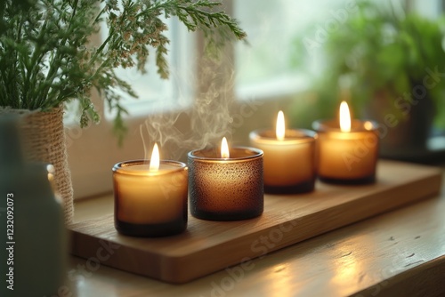 Five lit candles on a wooden tray by a window, creating a cozy and inviting atmosphere. The soft light from the candles illuminates the surrounding area, casting warm shadows.