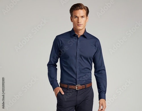 Stylish young Caucasian man in a dark blue dress shirt, exuding confidence in a professional setting.