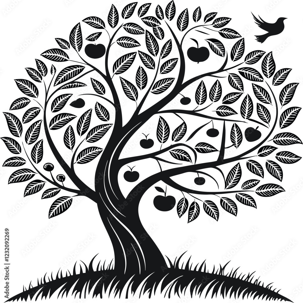 Obraz premium Stylized Black and White Apple Tree with Symbolic Bird and Intricate Leaves