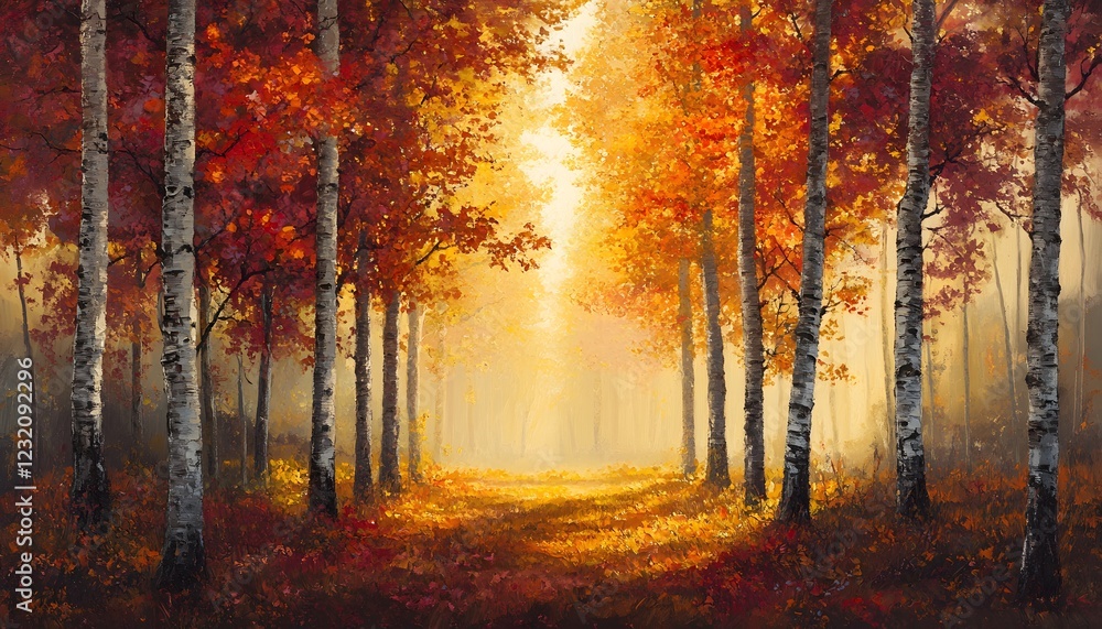 Fototapeta premium Golden Autumn Birch Forest Path Sunlight