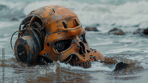 An old, rusted robot washed ashore after the shipwreck of a transport ship carrying robots to research sites, now corroded by time and the elements. photo