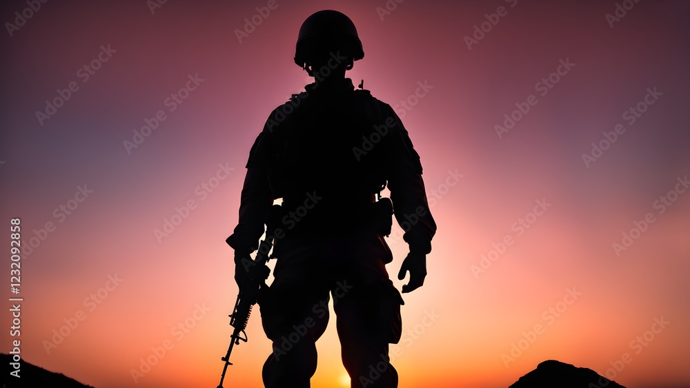 Fototapeta premium Silhouette of a soldier standing with a rifle at sunset.