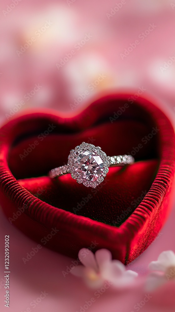 Close-Up of a Diamond Engagement Ring in a Heart-Shaped Box, Propose Day Close-Up of a Diamond Engagement Ring in a Heart-Shaped Box, Propose Day