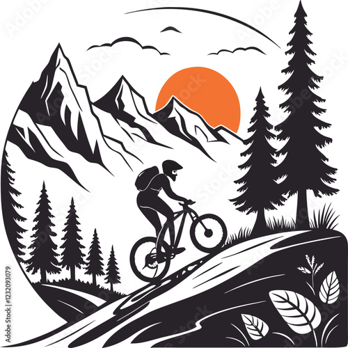Mountain Cyclist Silhouette with Sunset and Pine Trees in Circular Adventure Scene