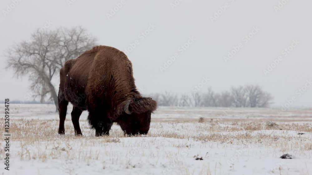 Buffalo Grazing Short Grass in the Snow, Wildlife of the Colorado Rocky Mountains Buffalo Grazing Short Grass in the Snow, Wildlife of the Colorado Rocky Mountains
