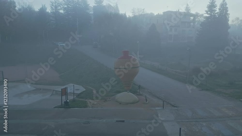 Misty morning landscape revealing foggy atmosphere enveloping sant hilari sacalm with monumental spinning top sculpture dominating serene urban scenery in catalonia, spain photo