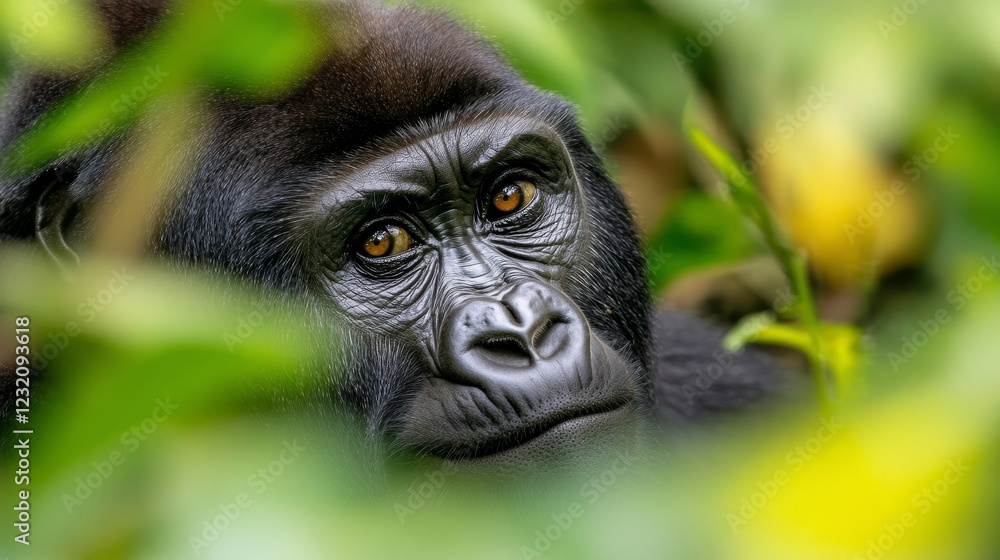 Close-up of a serene gorilla observing its lush green surroundings in a vibrant rainforest habitat Close-up of a serene gorilla observing its lush green surroundings in a vibrant rainforest habitat