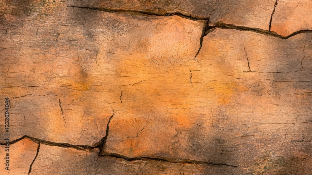 Fototapeta premium Cracked Wood Texture Background with Orange Tones and Detail