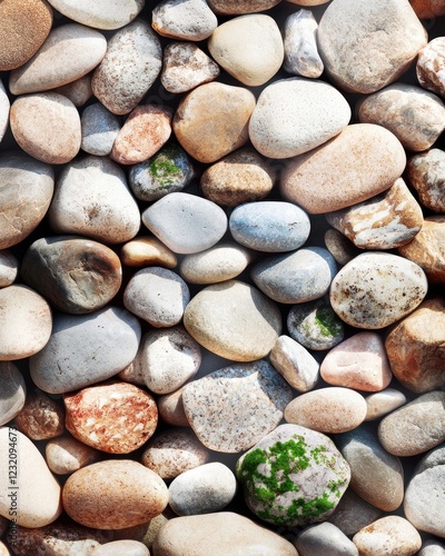 Smooth River Stones with Natural Patterns and Textures in Close-up