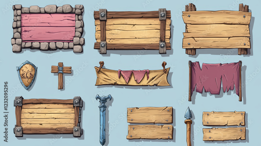 Game win and lose banners with stone brick frame and wooden board. Vector cartoon set of game ui elements in medieval style, score banners with pennants and spear Game win and lose banners with stone brick frame and wooden board. Vector cartoon set of game ui elements in medieval style, score banners with pennants and spear