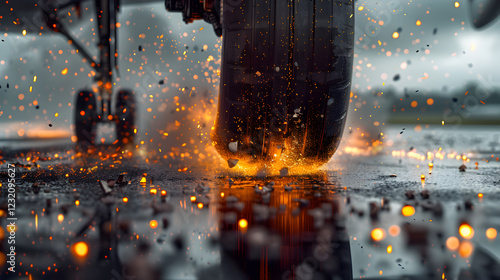 Dramatic Airplane Landing with Sparks Flying as Tire Touches Wet Runway photo