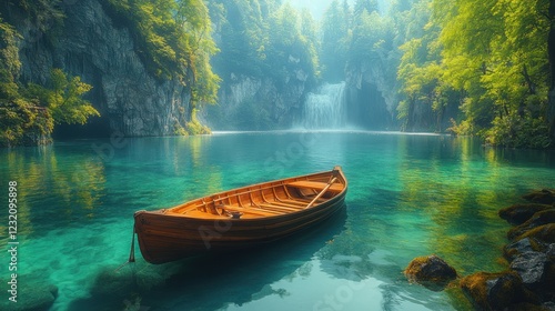 Serene wooden rowboat on a crystal-clear lake nestled in a lush green forest with a waterfall.