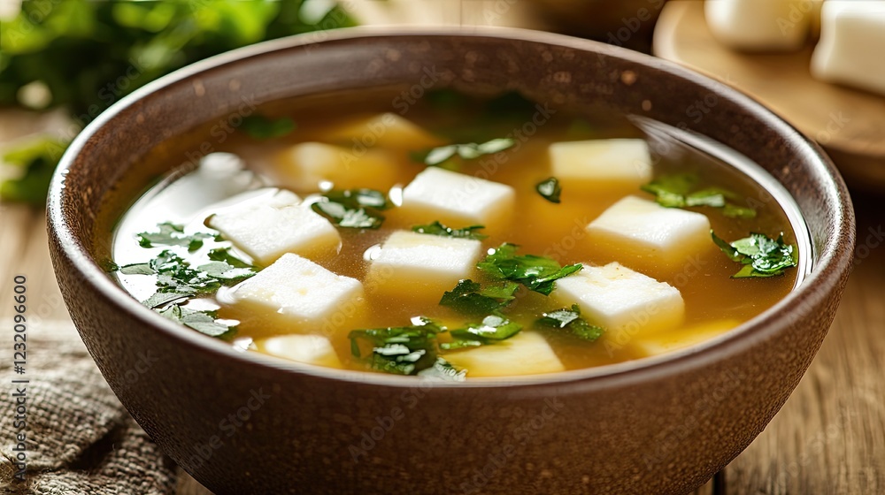 A bowl of miso soup with floating marshmallows melting into the broth. A bowl of miso soup with floating marshmallows melting into the broth.