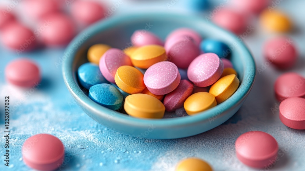 Colorful Pills in a Bowl: A Close-Up View of Assorted Medications Colorful Pills in a Bowl: A Close-Up View of Assorted Medications