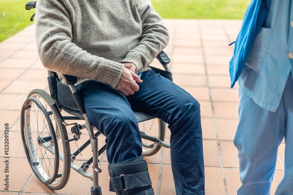 Obraz premium Nurse assisting elderly man in wheelchair with broken leg