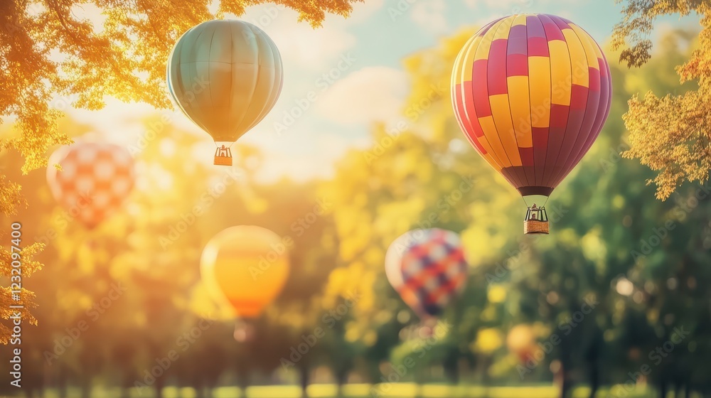 Fototapeta premium Vibrant hot air balloons ascend above a sunlit park, framed by autumnal trees. The balloons are various colors and patterns, creating a whimsical and