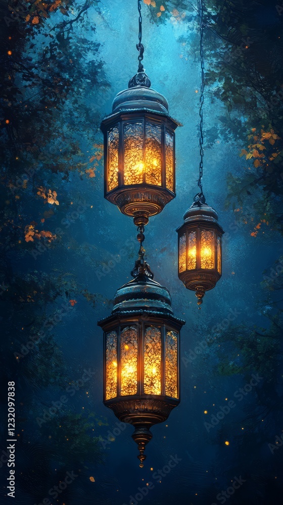Three Ornate Lanterns Illuminate A Mystical Forest At Night, Casting A Magical, Enchanting Glow Among The Trees. Three Ornate Lanterns Illuminate A Mystical Forest At Night, Casting A Magical, Enchanting Glow Among The Trees.