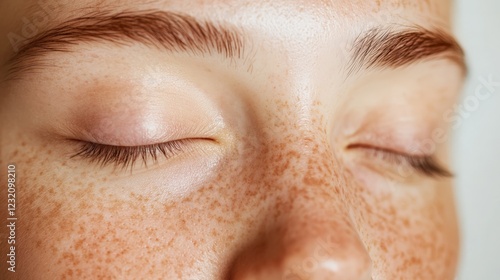 Close up of a serene woman with closed eyes, her face adorned with freckles, showcasing healthy skin as she takes a deep breath, embodying tranquility and natural beauty photo