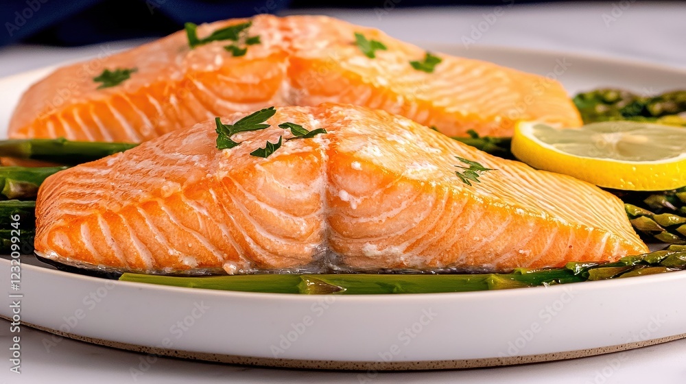 Fresh Salmon Fillet with Asparagus and Lemon on White Plate for Healthy Meal Fresh Salmon Fillet with Asparagus and Lemon on White Plate for Healthy Meal