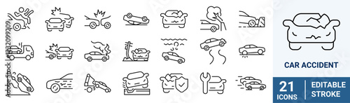 Car accident web line icons. Frontal Collision, Broken Car, Damaged Elements and more.