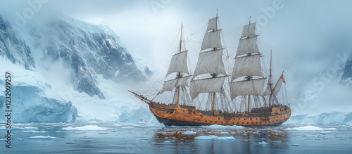 A medieval ship sailing through the ice in an Antarctic landscape photo